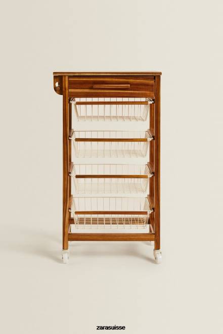 Zara accessoires P66V1680 unisexe meuble de rangement en bois et métal à roulettes beige clair