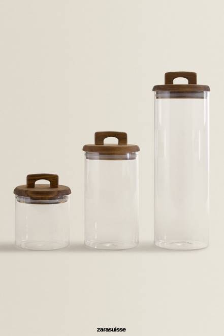 Zara accessoires P66V1685 unisexe pot de conservation en verre borosilicaté et bois beige clair