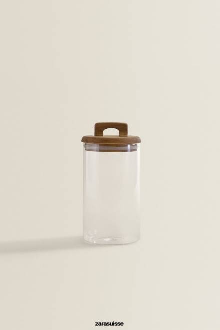 Zara accessoires P66V1685 unisexe pot de conservation en verre borosilicaté et bois beige clair
