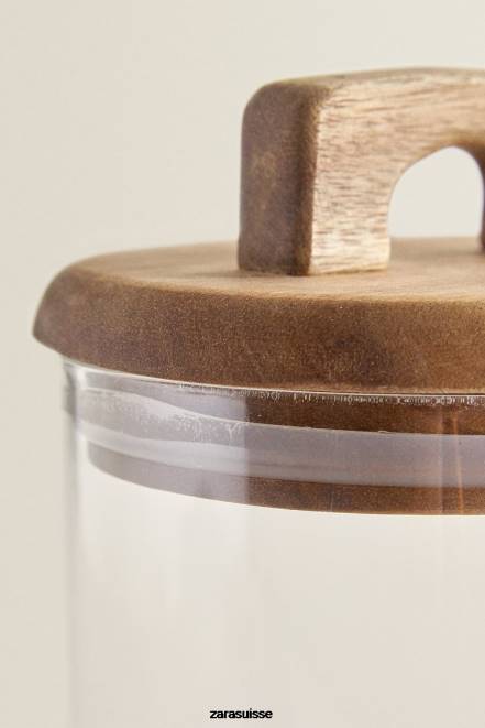 Zara accessoires P66V1685 unisexe pot de conservation en verre borosilicaté et bois beige clair