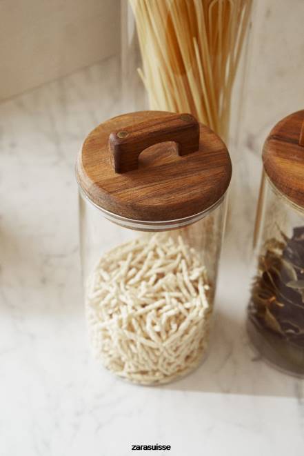 Zara accessoires P66V1685 unisexe pot de conservation en verre borosilicaté et bois beige clair