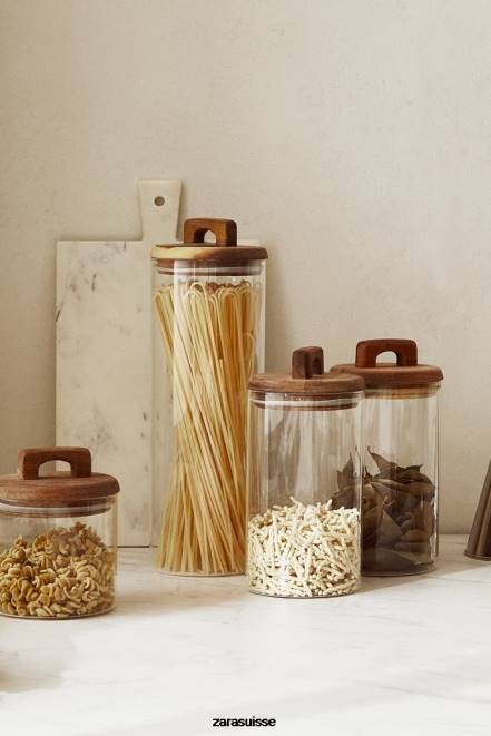 Zara accessoires P66V1685 unisexe pot de conservation en verre borosilicaté et bois beige clair