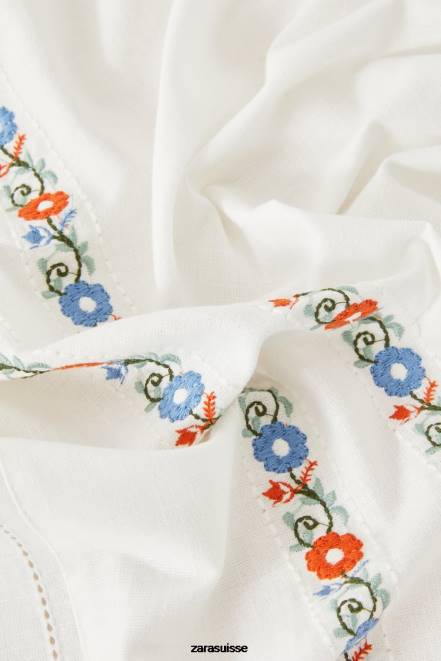 Zara accessoires P66V1662 unisexe nappe en coton brodée blanc