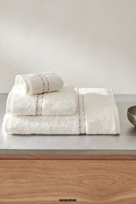 Zara accessoires P66V1705 unisexe serviette en coton à bordure brodée blanc d'huître