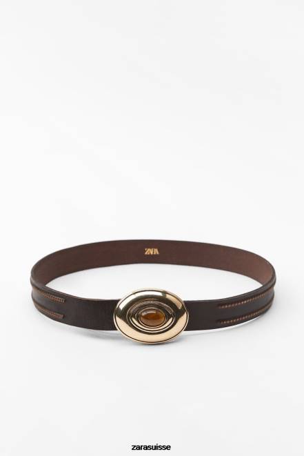 Zara accessoires P66V757 femmes ceinture en cuir avec boucle ornée de pierres brun