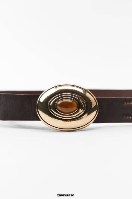 Zara accessoires P66V757 femmes ceinture en cuir avec boucle ornée de pierres brun