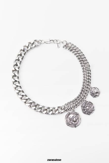 Zara accessoires P66V764 femmes collier à maillons de pièces de monnaie argent
