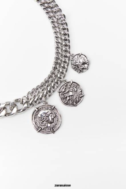 Zara accessoires P66V764 femmes collier à maillons de pièces de monnaie argent