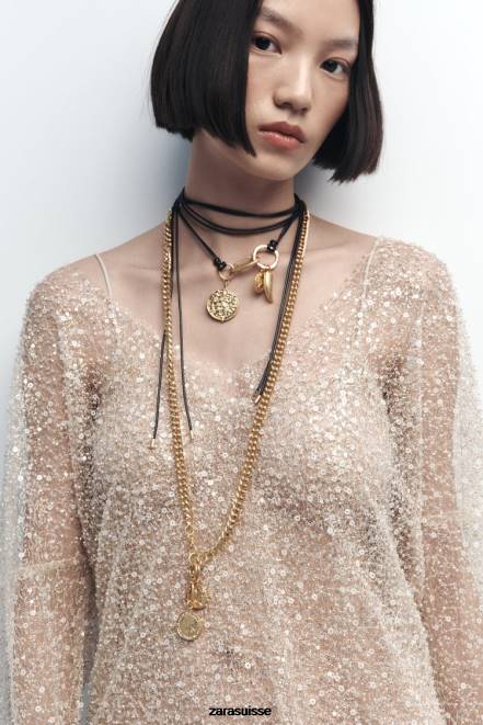 Zara accessoires P66V765 femmes paquet de colliers pièces de monnaie doré