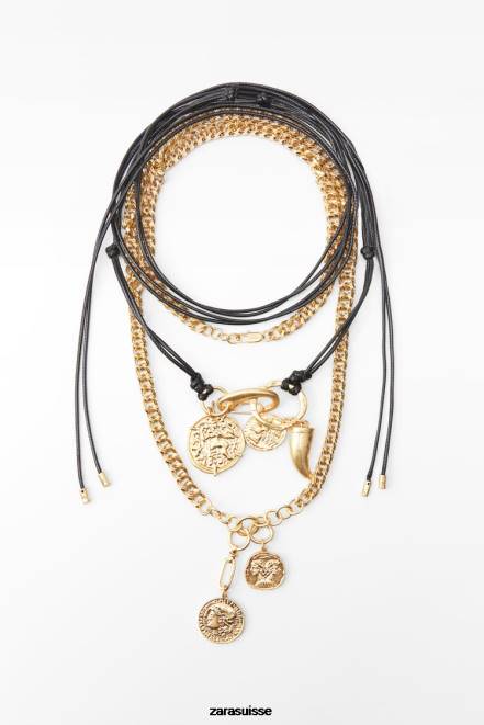 Zara accessoires P66V765 femmes paquet de colliers pièces de monnaie doré