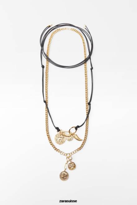 Zara accessoires P66V765 femmes paquet de colliers pièces de monnaie doré