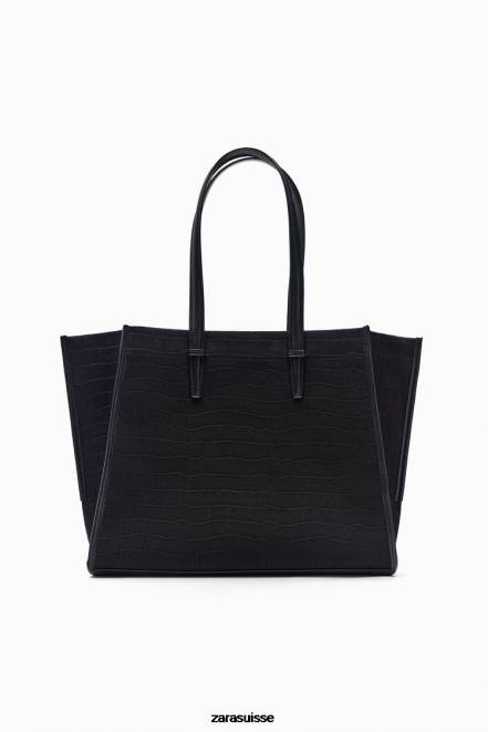Zara accessoires P66V749 femmes sac fourre-tout effet croco noir