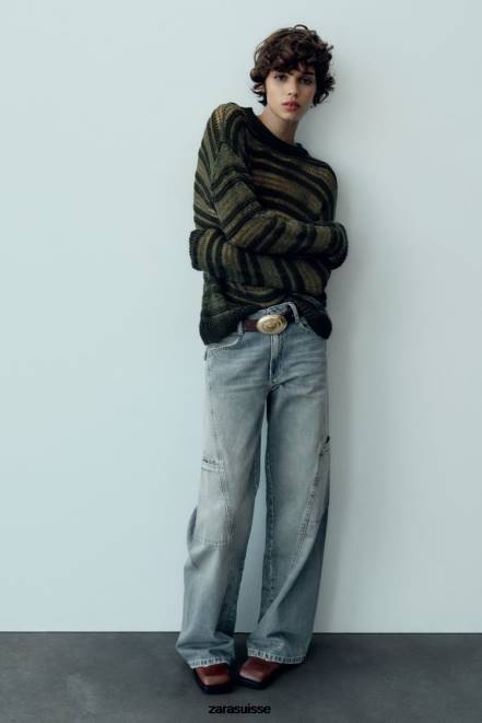 Zara vêtements P66V505 femmes jean cargo taille mi-haute bleu