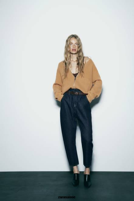 Zara vêtements P66V506 femmes Z1975 - Jean paperbag taille haute à ceinture bleu