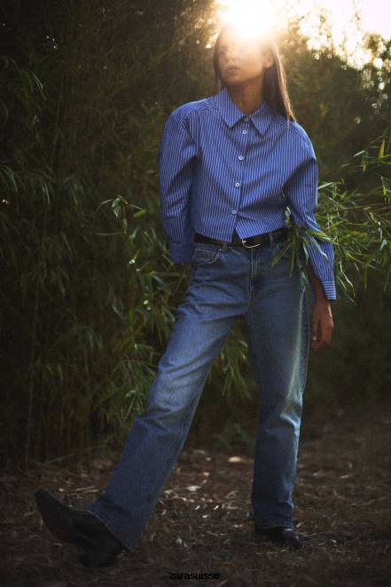 Zara vêtements P66V507 femmes Jean z1975, taille haute, jambe large, long bleu