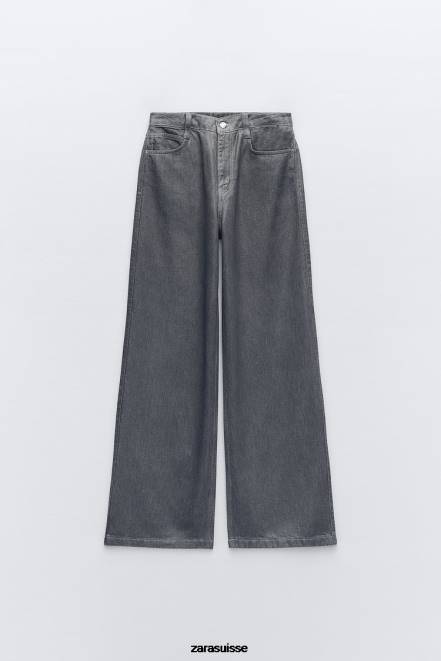 Zara vêtements P66V509 femmes Jean métallisé coupe droite taille haute z1975 gris