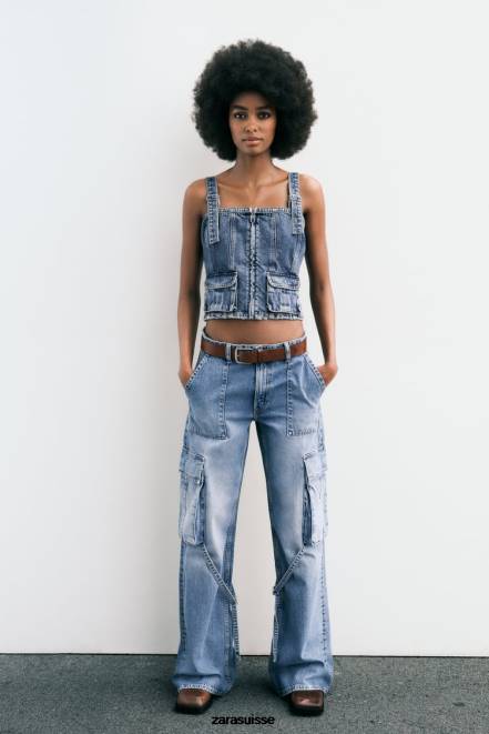 Zara vêtements P66V511 femmes jean cargo taille mi-haute bleu