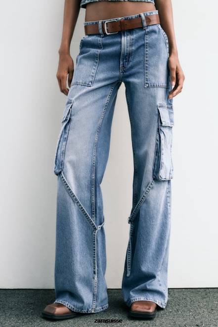 Zara vêtements P66V511 femmes jean cargo taille mi-haute bleu