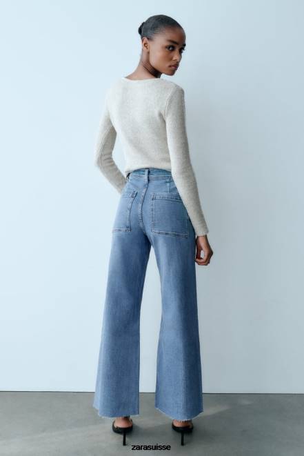 Zara vêtements P66V513 femmes jean droit taille haute zw marine bleu clair
