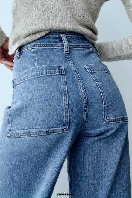 Zara vêtements P66V513 femmes jean droit taille haute zw marine bleu clair