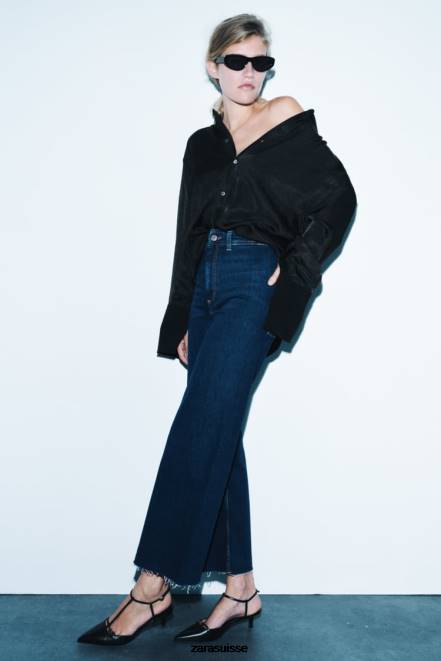Zara vêtements P66V518 femmes jean droit taille haute zw marine bleu