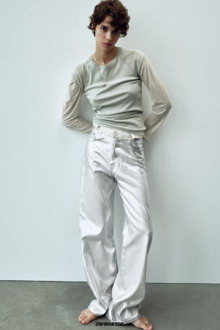 Zara vêtements P66V520 femmes jean taille haute métallisé trf blanc