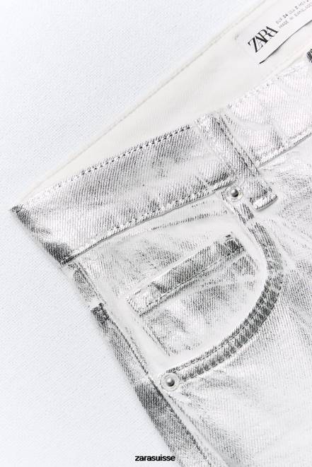 Zara vêtements P66V520 femmes jean taille haute métallisé trf blanc