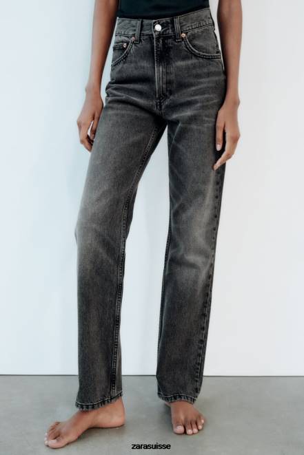 Zara vêtements P66V523 femmes jean droit taille haute trf gris anthracite
