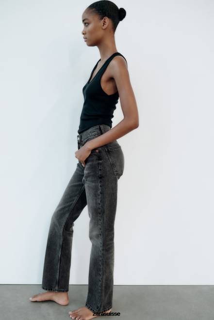 Zara vêtements P66V523 femmes jean droit taille haute trf gris anthracite