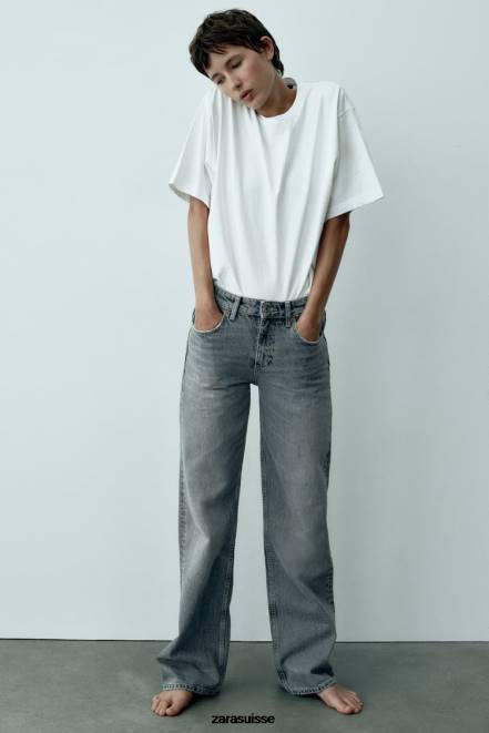 Zara vêtements P66V867 femmes jean large taille mi-haute trf pleine longueur bleu