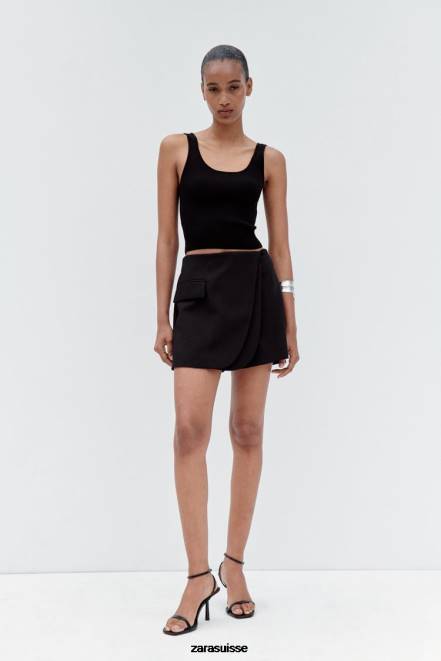Zara vêtements P66V567 femmes jupe-short portefeuille à rabat sur le devant noir