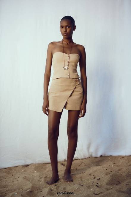 Zara vêtements P66V569 femmes jupe-short croisée rustique marron taupe