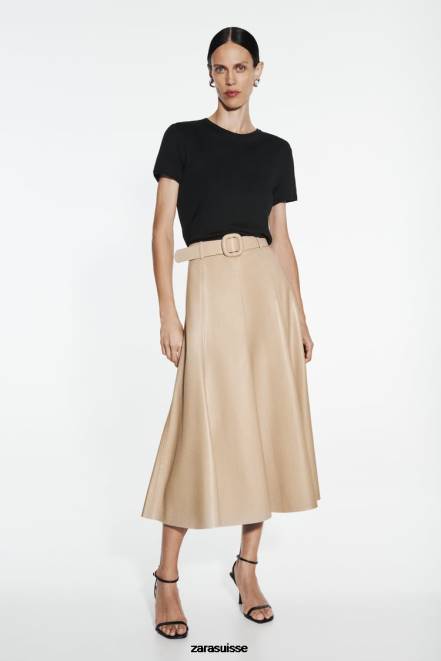 Zara vêtements P66V638 femmes jupe mi-longue en similicuir sable