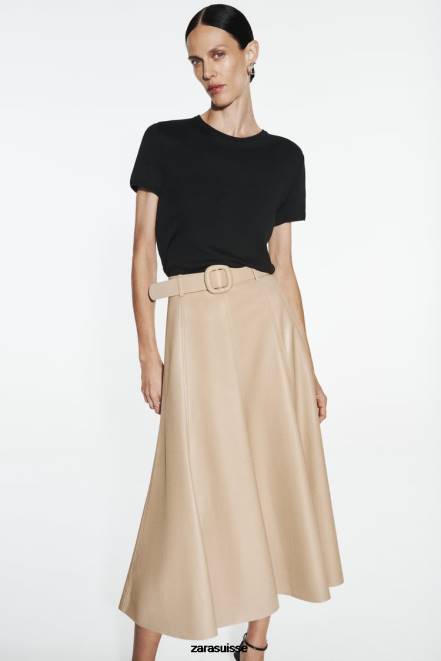 Zara vêtements P66V638 femmes jupe mi-longue en similicuir sable