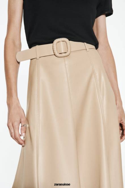 Zara vêtements P66V638 femmes jupe mi-longue en similicuir sable