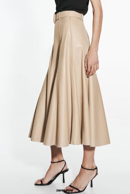 Zara vêtements P66V638 femmes jupe mi-longue en similicuir sable