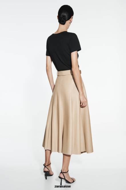 Zara vêtements P66V638 femmes jupe mi-longue en similicuir sable