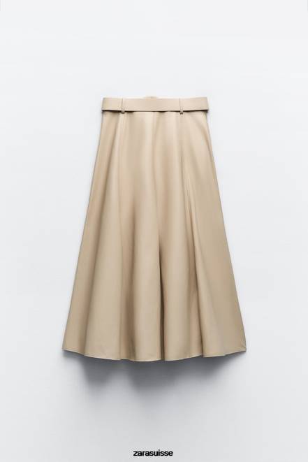 Zara vêtements P66V638 femmes jupe mi-longue en similicuir sable