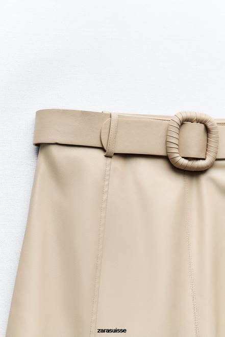 Zara vêtements P66V638 femmes jupe mi-longue en similicuir sable