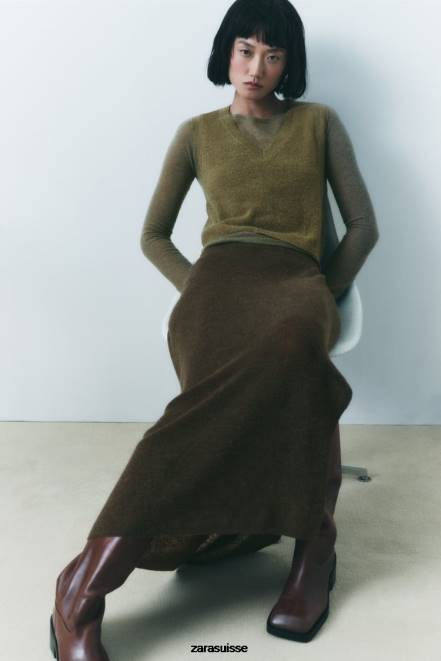 Zara vêtements P66V641 femmes jupe mi-longue en maille olive foncé