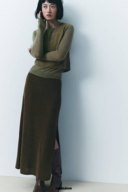 Zara vêtements P66V641 femmes jupe mi-longue en maille olive foncé