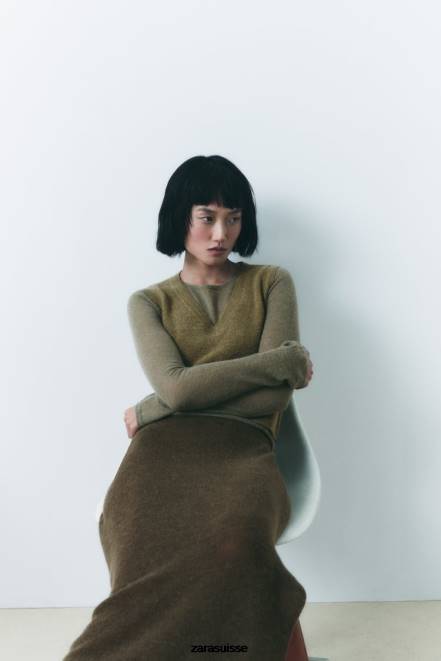 Zara vêtements P66V641 femmes jupe mi-longue en maille olive foncé