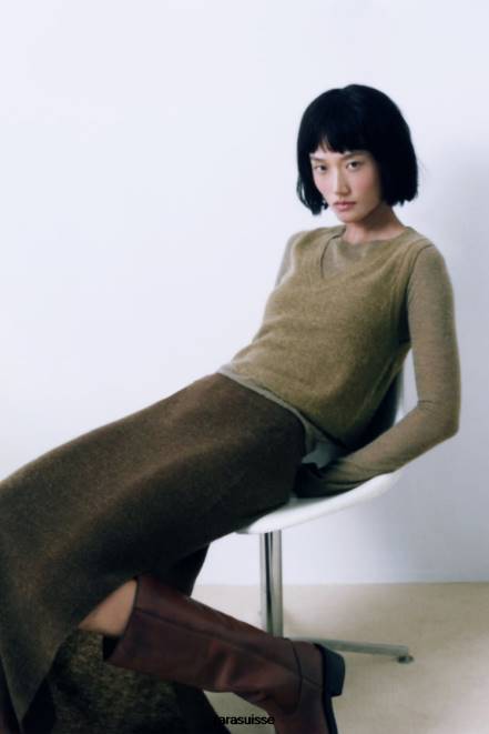 Zara vêtements P66V641 femmes jupe mi-longue en maille olive foncé