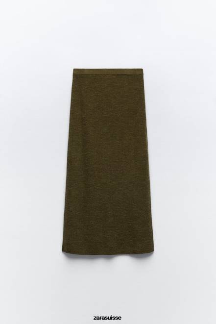 Zara vêtements P66V641 femmes jupe mi-longue en maille olive foncé