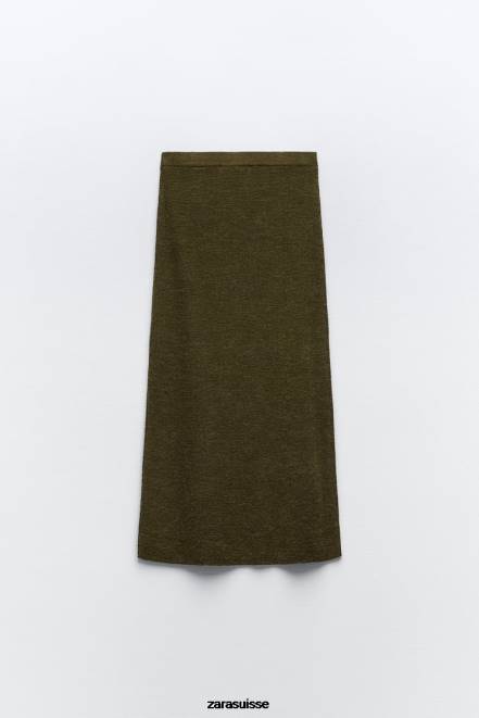 Zara vêtements P66V641 femmes jupe mi-longue en maille olive foncé