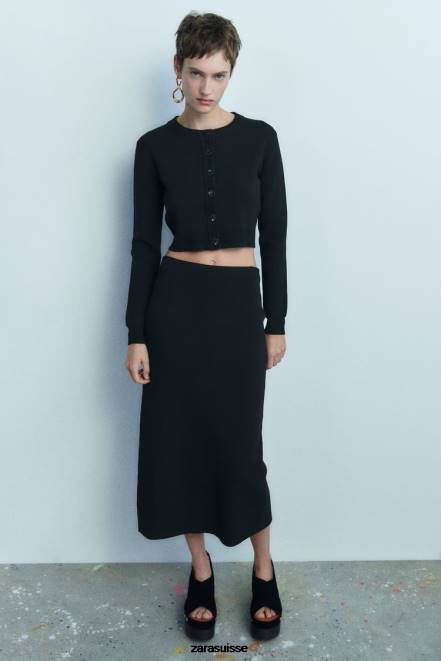 Zara vêtements P66V644 femmes jupe mi-longue en maille noir