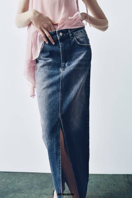 Zara vêtements P66V645 femmes jupe en jean zw fendue taille haute bleu