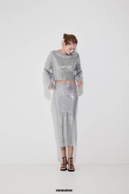 Zara vêtements P66V648 femmes jupe mi-longue à sequins gris