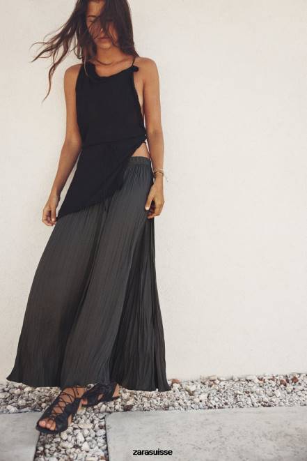 Zara vêtements P66V657 femmes jupe mi-longue plissée gris