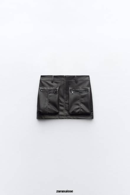 Zara vêtements P66V662 femmes jupe à poche en similicuir noir